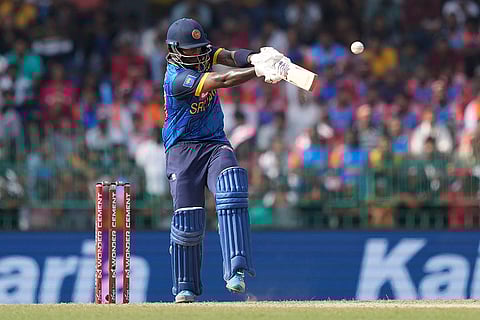 Avishka Fernando hits a six during the third ODI against India